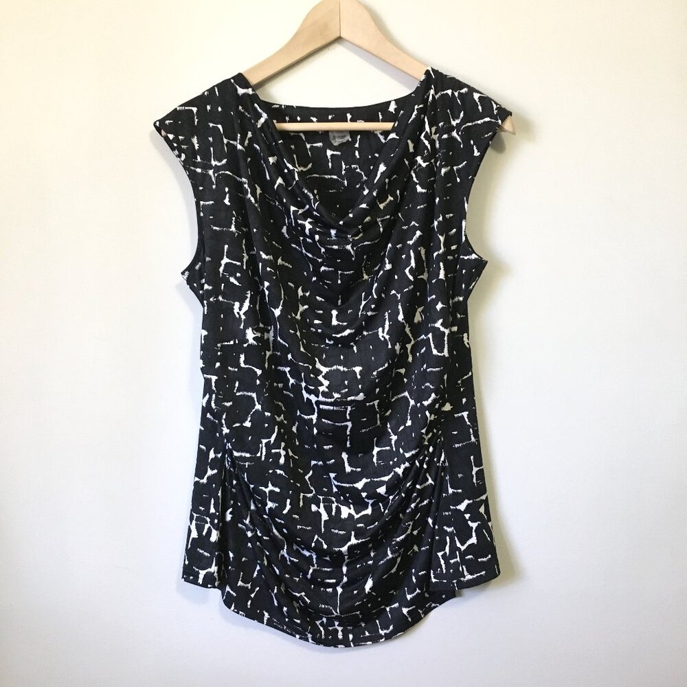 Not Just Pants B&W Ink Stamp Ruched Cowl Neck Tank Top PM Office Siren